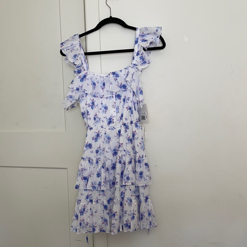 LoveShackFancy White Mini Dress with Blue Floral Print